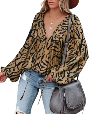 LAMISSCHE Womens Sexy Deep V Neck Blouse Lantern Long Sleeve Chiffon Shirt Oversized Drawstring Silk Satin Tunic