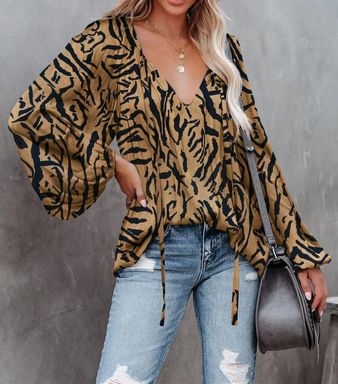 LAMISSCHE Womens Sexy Deep V Neck Blouse Lantern Long Sleeve Chiffon Shirt Oversized Drawstring Silk Satin Tunic