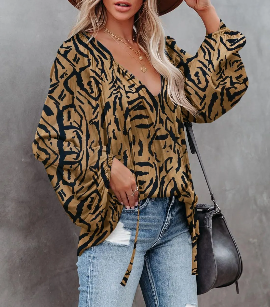 LAMISSCHE Womens Sexy Deep V Neck Blouse Lantern Long Sleeve Chiffon Shirt Oversized Drawstring Silk Satin Tunic