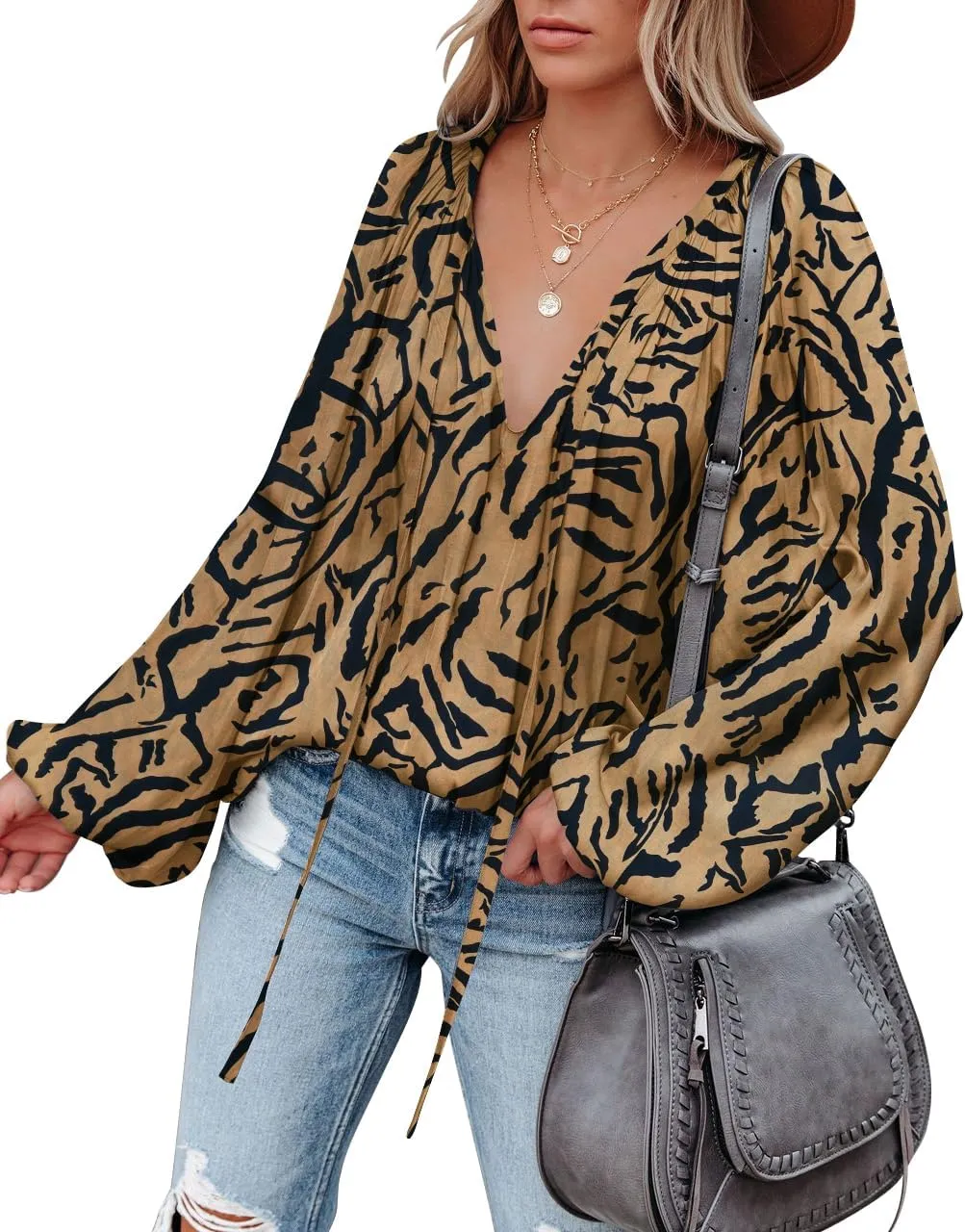 LAMISSCHE Womens Sexy Deep V Neck Blouse Lantern Long Sleeve Chiffon Shirt Oversized Drawstring Silk Satin Tunic