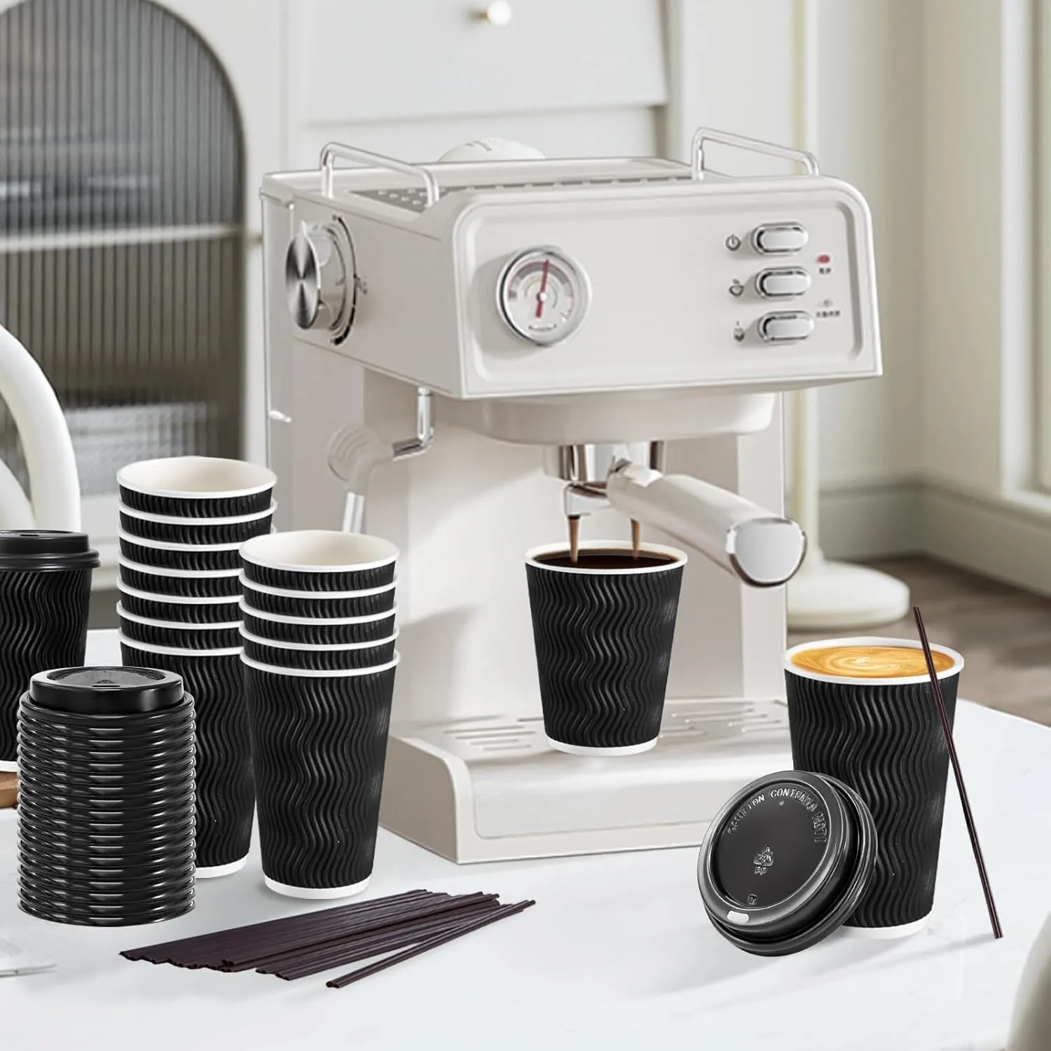 Lamosi 16 oz Disposable Coffee Cups with Lids, 50 Pack Insulated Hot Cups To Go Paper Coffee Cups with Lids and Straws, Corrugated Ripple Wall Cup for Hot Drink, Office, Coffee Bar (Black)