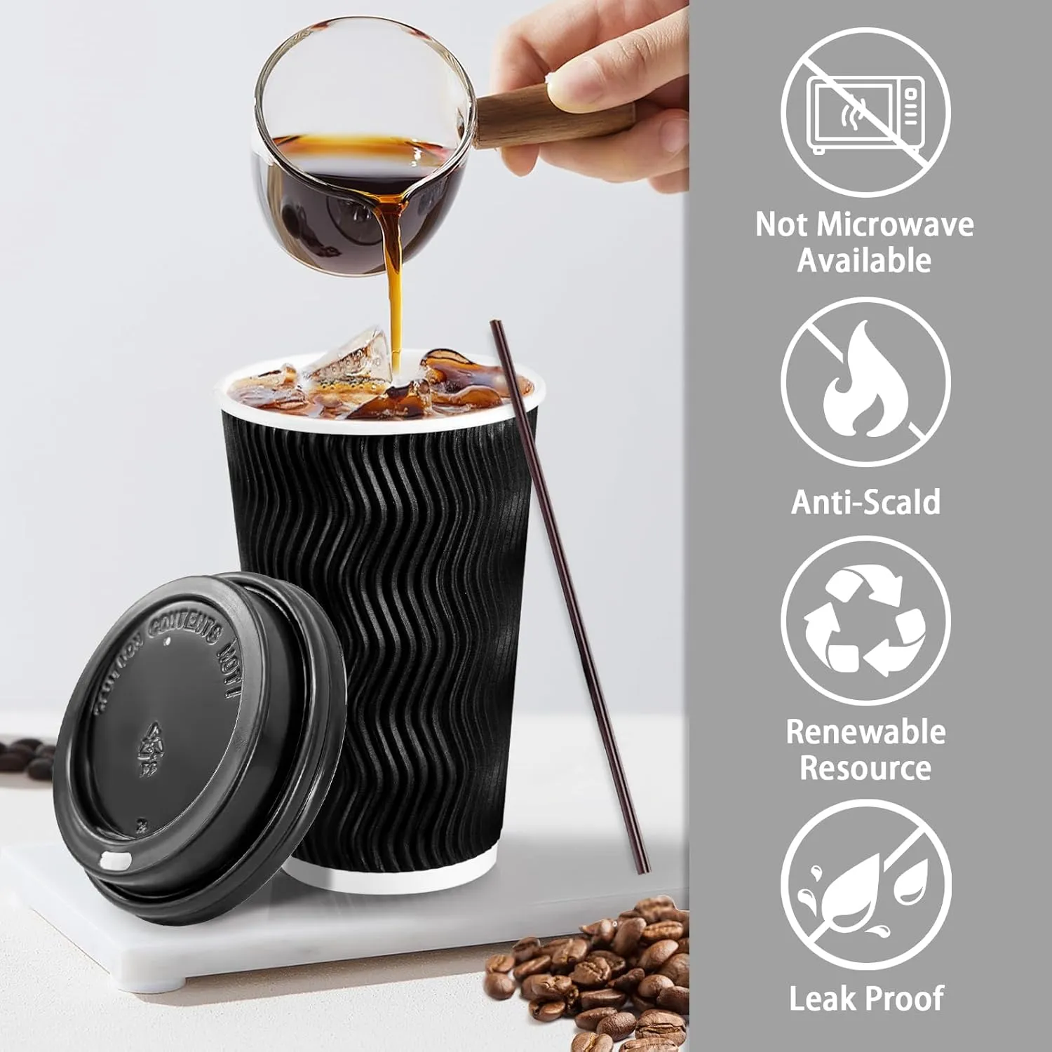 Lamosi 16 oz Disposable Coffee Cups with Lids, 50 Pack Insulated Hot Cups To Go Paper Coffee Cups with Lids and Straws, Corrugated Ripple Wall Cup for Hot Drink, Office, Coffee Bar (Black)