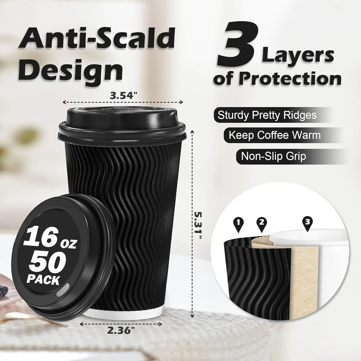 Lamosi 16 oz Disposable Coffee Cups with Lids, 50 Pack Insulated Hot Cups To Go Paper Coffee Cups with Lids and Straws, Corrugated Ripple Wall Cup for Hot Drink, Office, Coffee Bar (Black)
