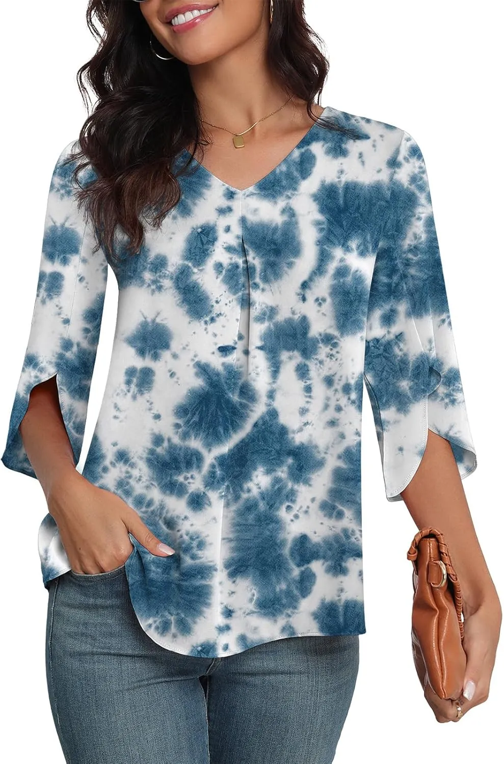 LAOLASI Womens Summer Chiffon Blouses 3/4 Sleeve V Neck Casual Loose Work Tops for Leggings 2025 Flowy Dressy Tshirts