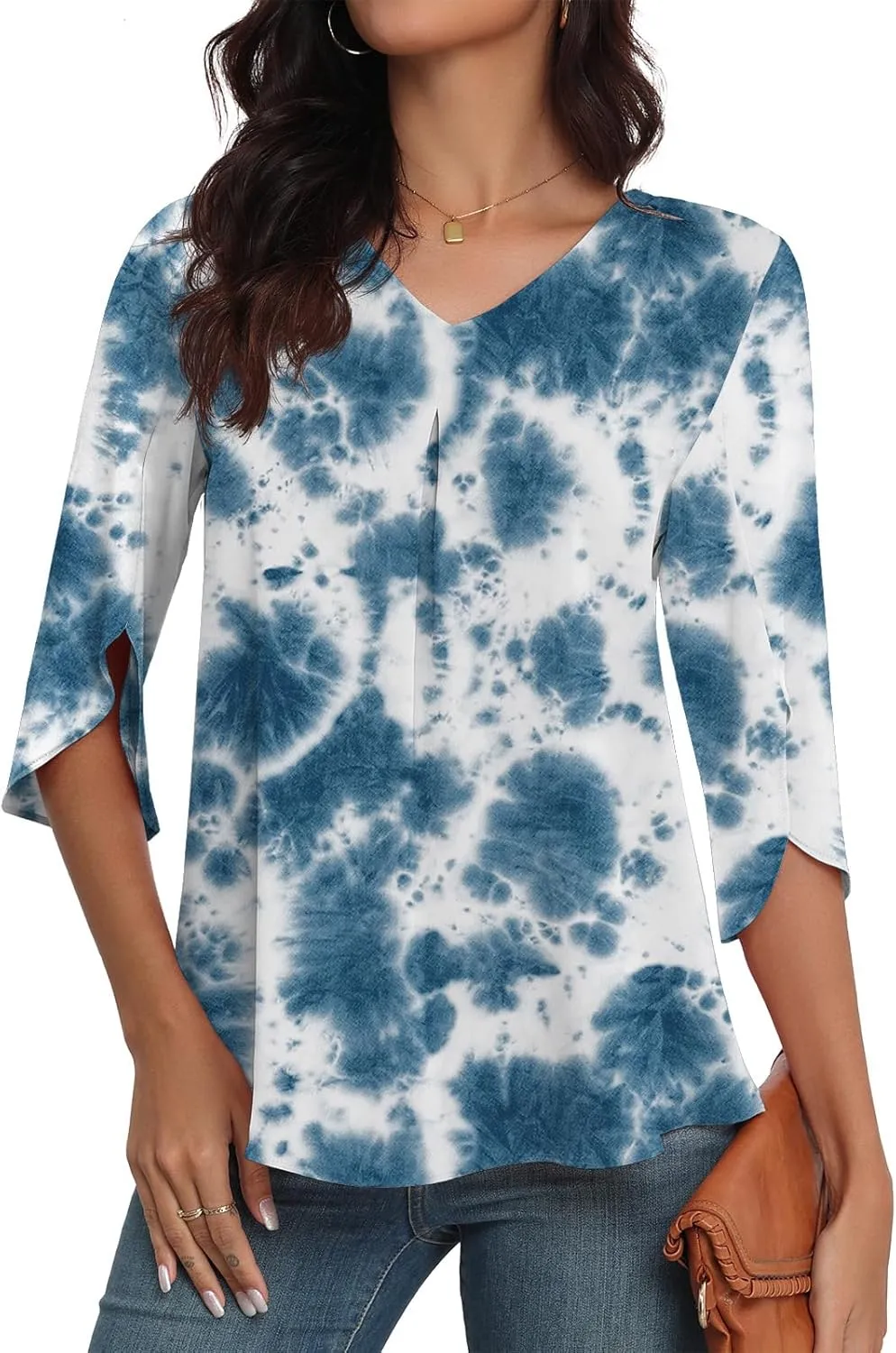 LAOLASI Womens Summer Chiffon Blouses 3/4 Sleeve V Neck Casual Loose Work Tops for Leggings 2025 Flowy Dressy Tshirts