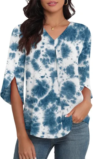 LAOLASI Womens Summer Chiffon Blouses 3/4 Sleeve V Neck Casual Loose Work Tops for Leggings 2025 Flowy Dressy Tshirts