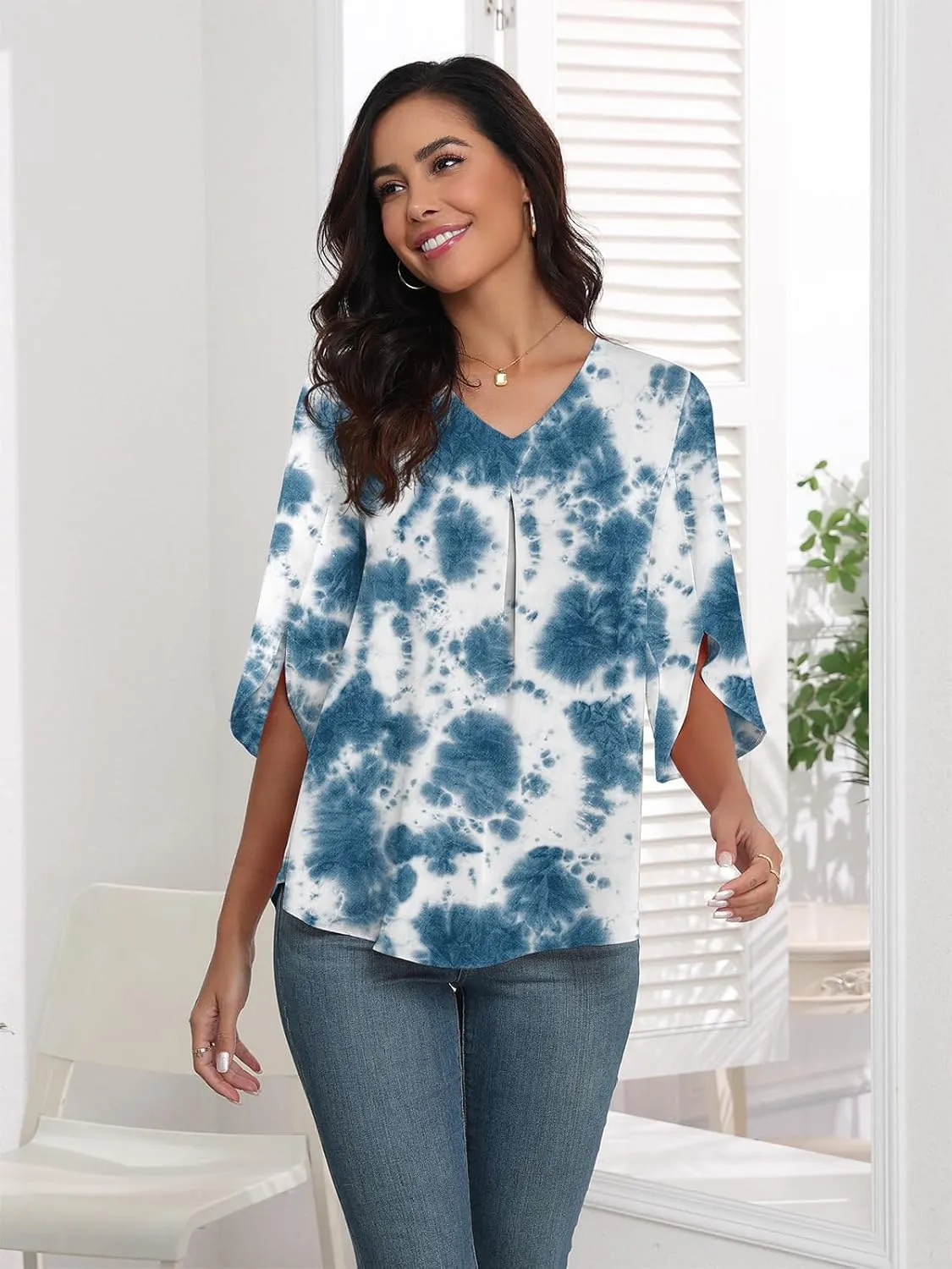 LAOLASI Womens Summer Chiffon Blouses 3/4 Sleeve V Neck Casual Loose Work Tops for Leggings 2025 Flowy Dressy Tshirts