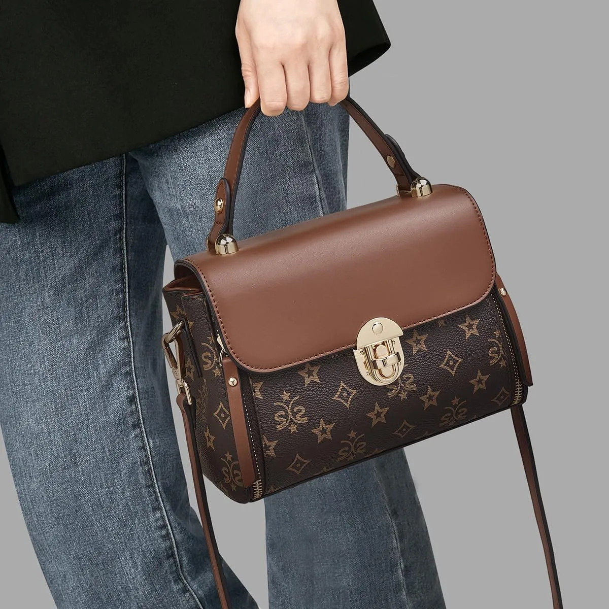 LAORENTOU Designer Satchel Bag for Women, Crossbody Bag for Ladies with Buckle, Medium Purses with Adjustable Shoulder Strap