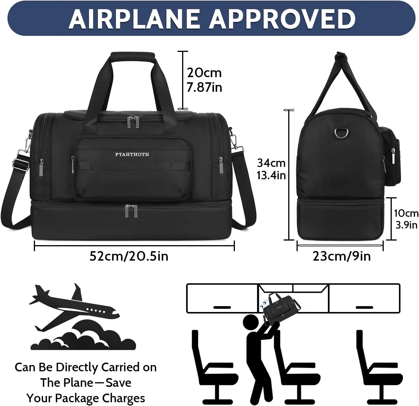 Large 42L Carry On Duffle Bag for Travel & Gym - TSA Approved Airplane Personal Item with Shoe Compartment & Wet Pocket, Water-Resistant Weekender Overnight Bag for Men Women (Blue)