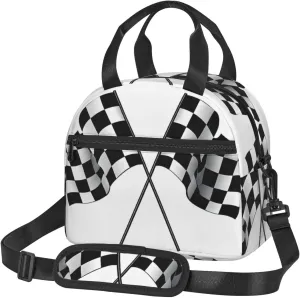 Large Capacity Lunchbag for Women Men Crossbody Lunch Tote Bags Reusable Insulated Cooler Bag Lunch Box Bag for Work Picnic Travel Camping - Black White Formula Checkered Flags