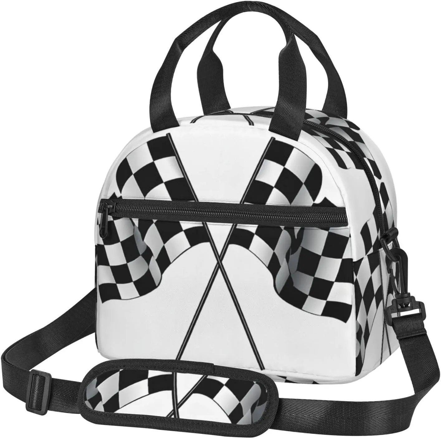 Large Capacity Lunchbag for Women Men Crossbody Lunch Tote Bags Reusable Insulated Cooler Bag Lunch Box Bag for Work Picnic Travel Camping - Black White Formula Checkered Flags