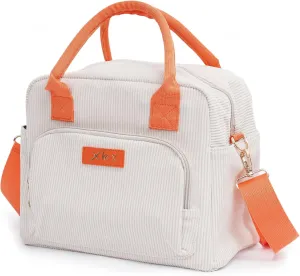 Large Insulated Lunch Bag for Women - Reusable Corduroy Lunch Box for Work, Picnic, Office, Gym, Hiking, Camping -Leakproof Cooler Lunch Tote with Shouder Strap & Multiple Pockets-Beige