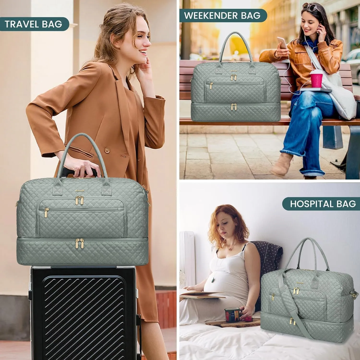 Large Women Travel Duffle Bag, Weekender Bags for Women with Shoe Compartment, Carry on Overnight Bag with Toiletry Bag, Gym Duffel Bag with Wet Pocket, Hospital Bags for Labor and Delivery 3 PCS Set