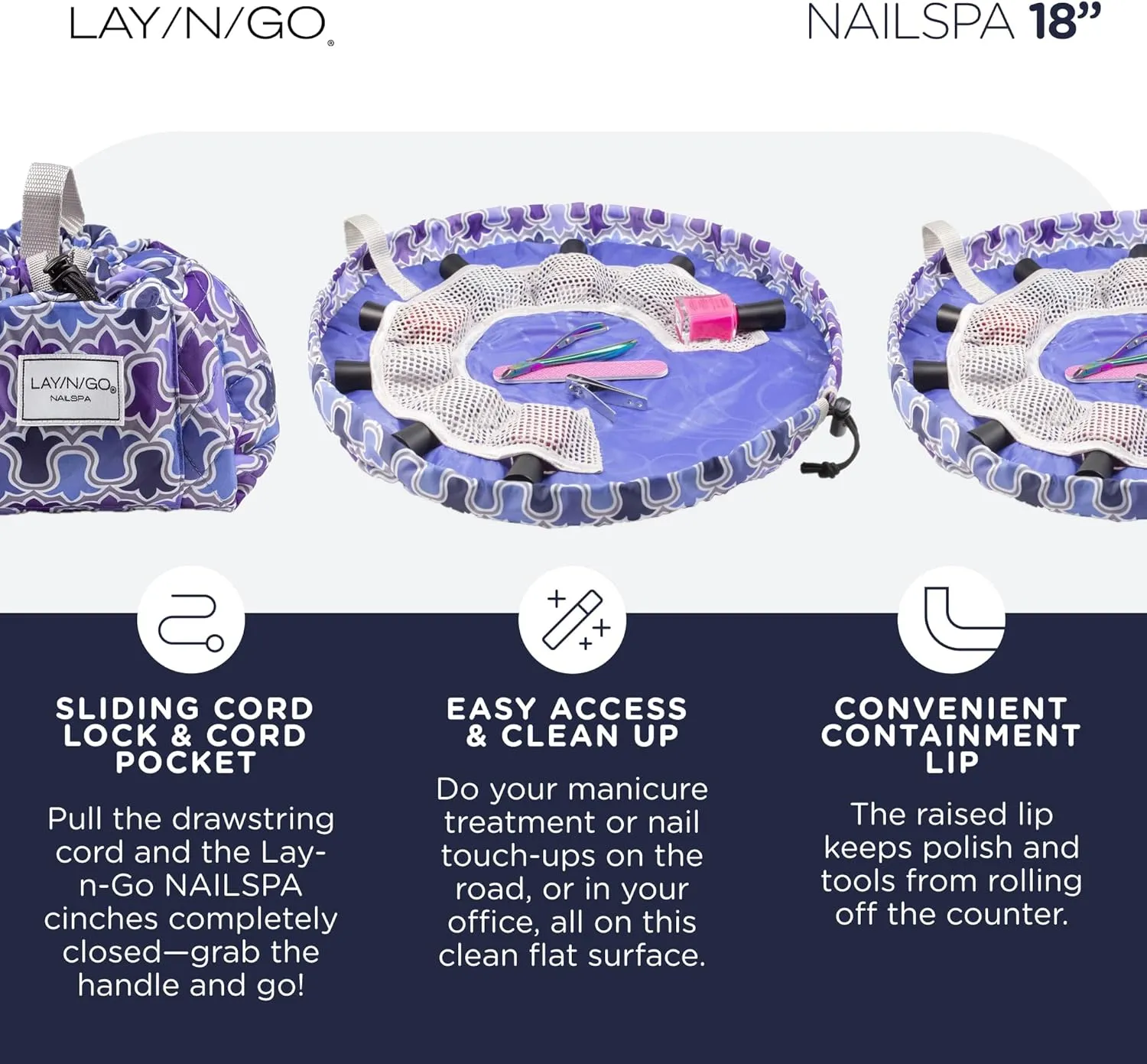 Lay-n-Go NailSpa Drawstring Cosmetic Bag - Portable Nail Supplies Organizer Bag w/ 8 Elastic Mesh Pockets & Circular Center -Durable, Machine Washable Nail Kit Organizer (18", Violet Floral [Purple])