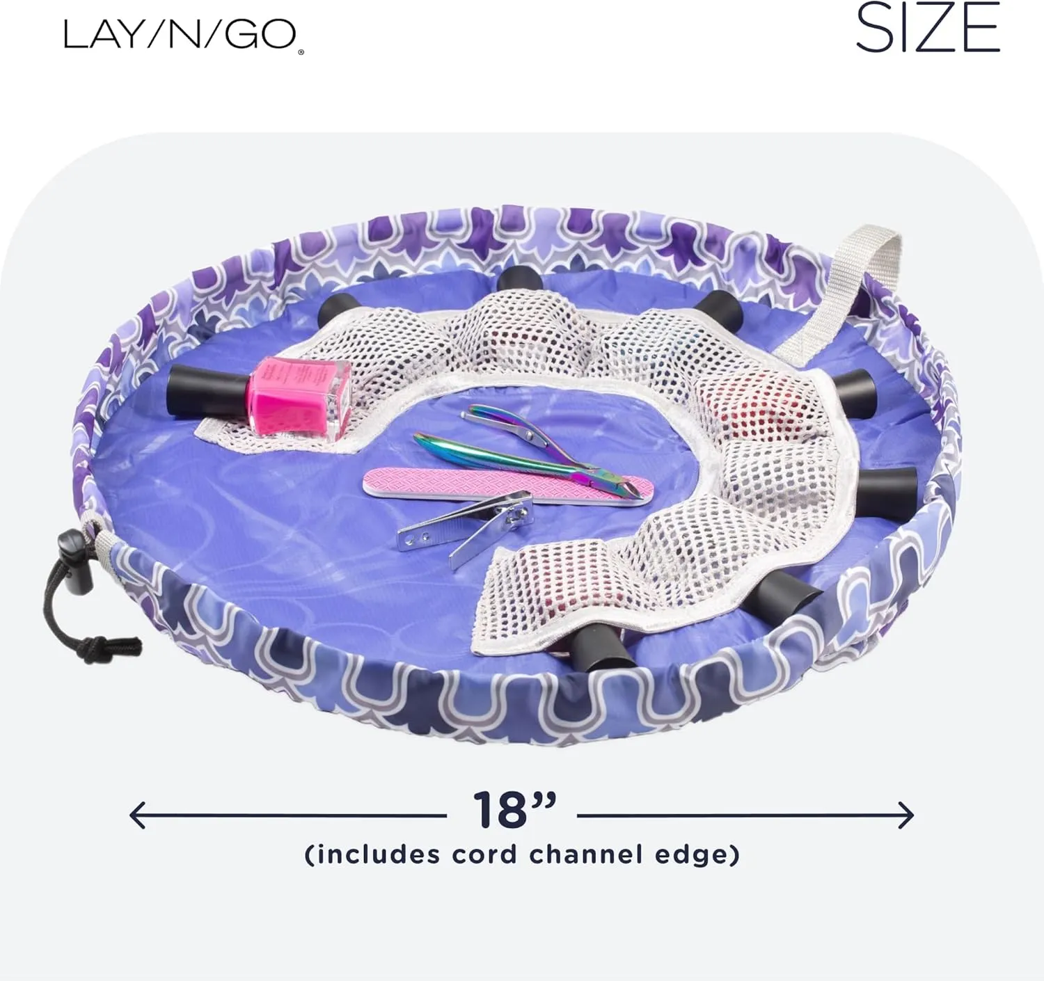 Lay-n-Go NailSpa Drawstring Cosmetic Bag - Portable Nail Supplies Organizer Bag w/ 8 Elastic Mesh Pockets & Circular Center -Durable, Machine Washable Nail Kit Organizer (18", Violet Floral [Purple])