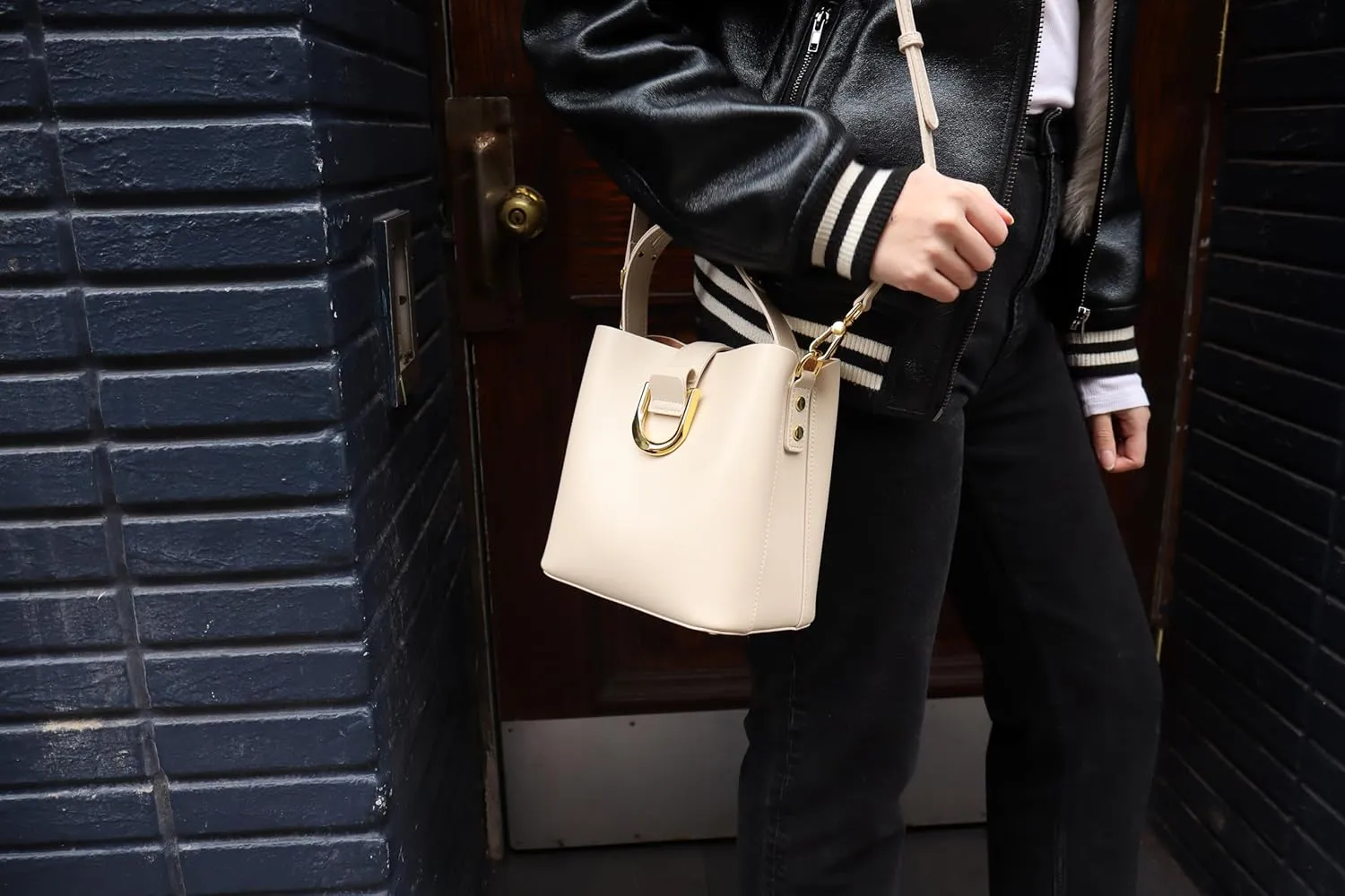 Leather Bucket Bag for Women - Black and Brown Genuine Leather Medium Size Purses