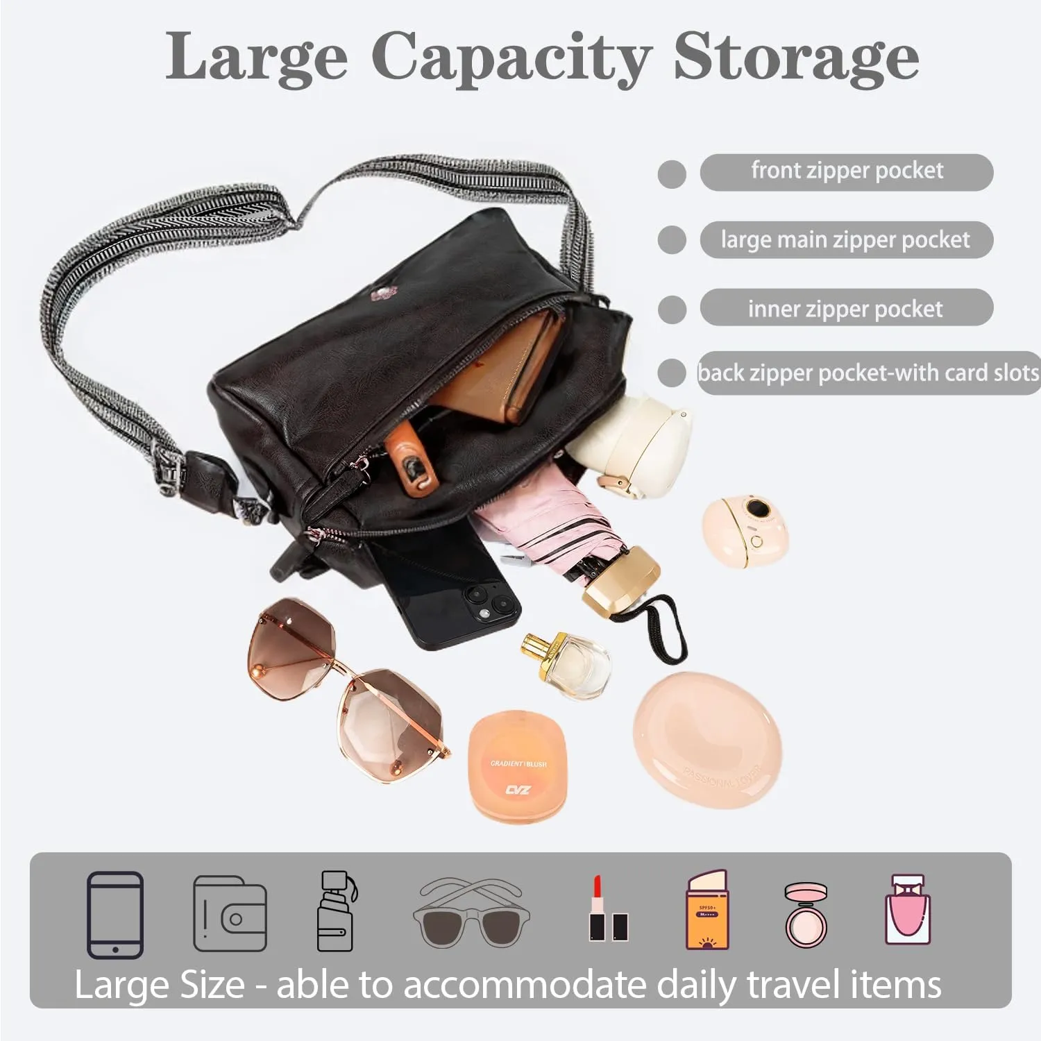 Leather Crossbody Purses for Women,Small Cross Body Bag Wide Adjustable Strap Shoulder Handbag with Credit Card Slots