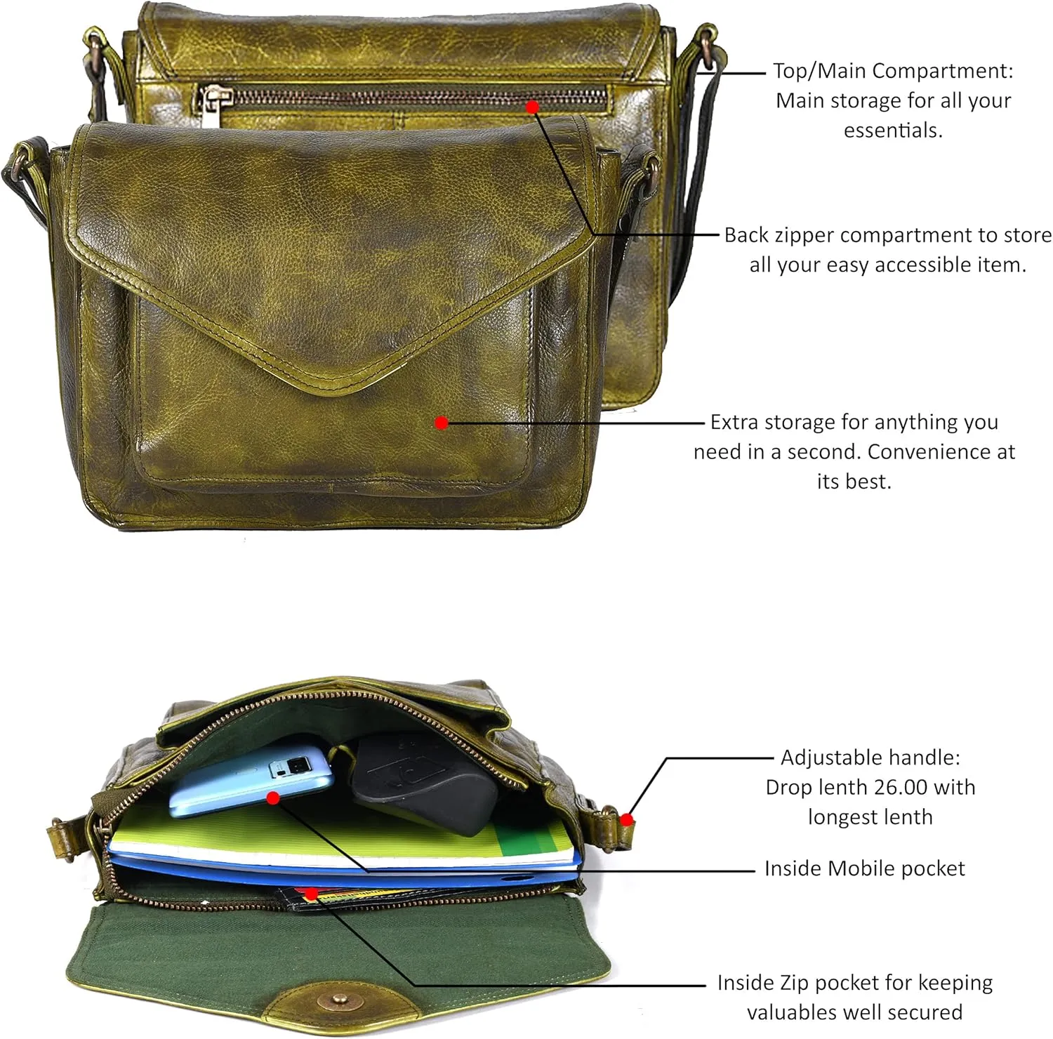 Leather Flapover Crossbody Handbag Purse for Women with Adjustable Strap & Overflap Snap Closure Tote/Bag