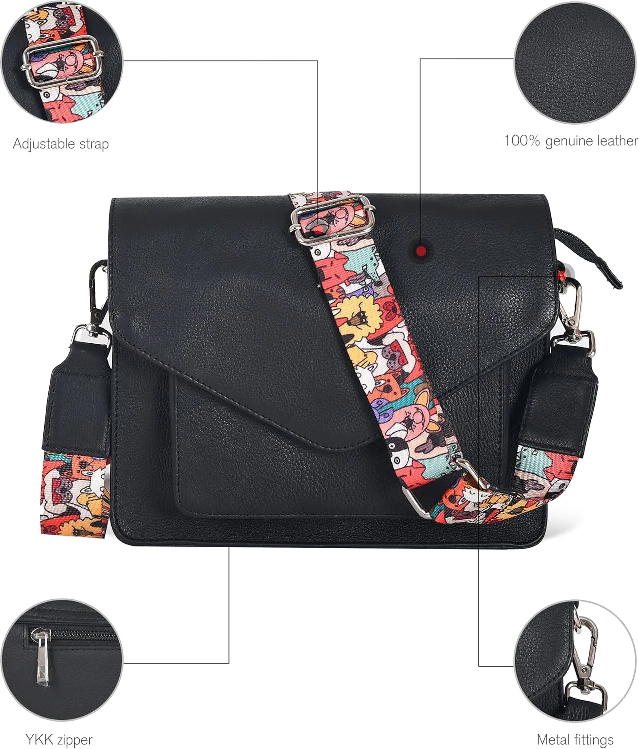 Leather Flapover Crossbody Handbag Purse for Women with Adjustable Strap & Overflap Snap Closure Tote/Bag