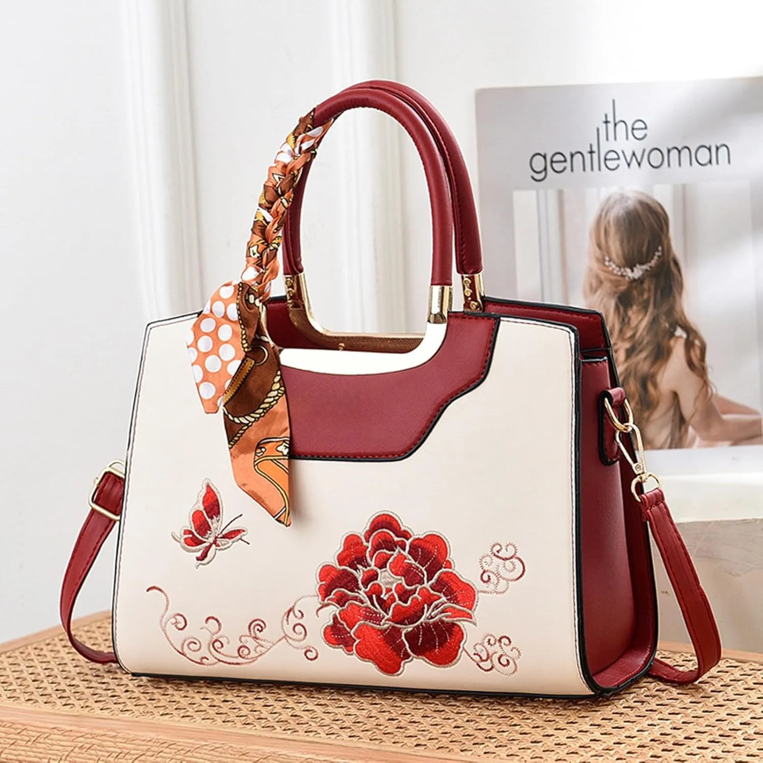 Leather Handbags for Women, Elegant Classic Top Handle Bag Fashion Vintage Printed Shoulder Bags with Adjustable Strap