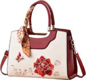 Leather Handbags for Women, Elegant Classic Top Handle Bag Fashion Vintage Printed Shoulder Bags with Adjustable Strap