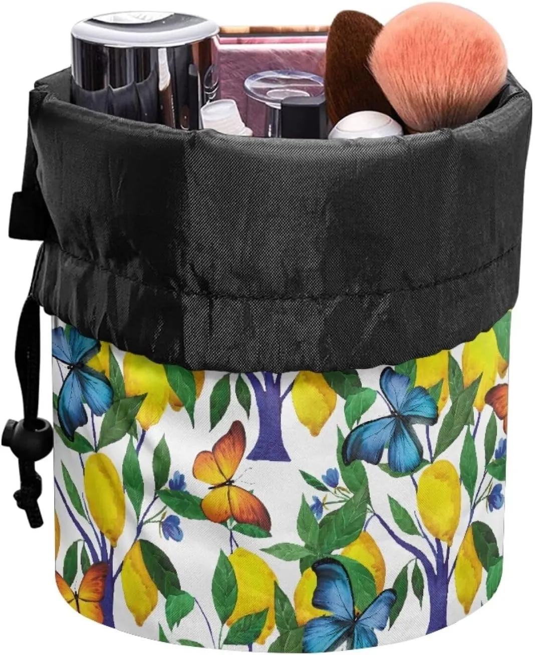Lemon and Butterfly drawstring makeup bag opens flat lay and go makeup bag with drawstring makeup travel organizer barrel drawstring makeup bag travel essentials for women travel makeup bag