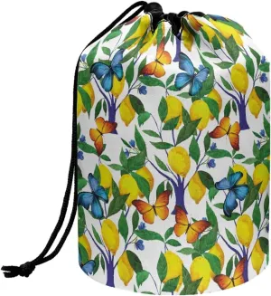 Lemon and Butterfly drawstring makeup bag opens flat lay and go makeup bag with drawstring makeup travel organizer barrel drawstring makeup bag travel essentials for women travel makeup bag