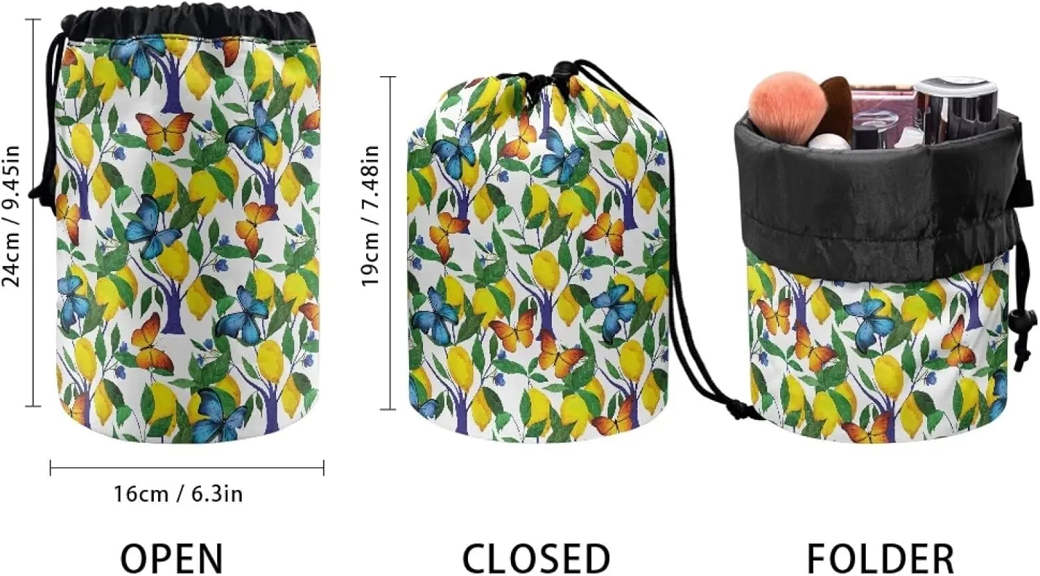 Lemon and Butterfly drawstring makeup bag opens flat lay and go makeup bag with drawstring makeup travel organizer barrel drawstring makeup bag travel essentials for women travel makeup bag