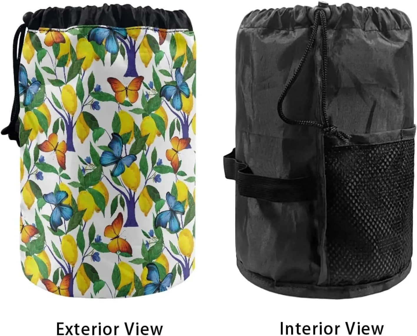 Lemon and Butterfly drawstring makeup bag opens flat lay and go makeup bag with drawstring makeup travel organizer barrel drawstring makeup bag travel essentials for women travel makeup bag