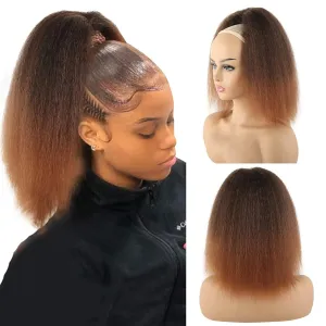LEOSA 14 inch Drawstring Ponytails for Black Women Short Ombre Brown Yaki Straight Drawstring Ponytail Hair Extensions (14 Inch, 1B-30#)