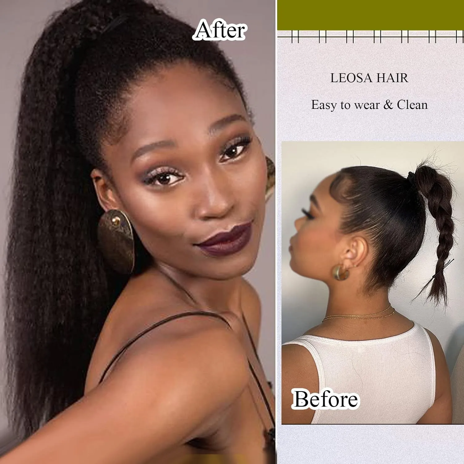 LEOSA Kinky Ponytail Extension Drawstring Ponytail for Black Women Short Natural Black Yaki Straight Drawstring Ponytail Hair Extensions (14 Inch, 2#)