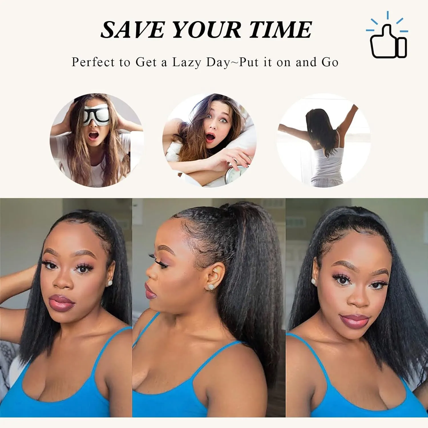 LEOSA Kinky Ponytail Extension Drawstring Ponytail for Black Women Short Natural Black Yaki Straight Drawstring Ponytail Hair Extensions (14 Inch, 2#)