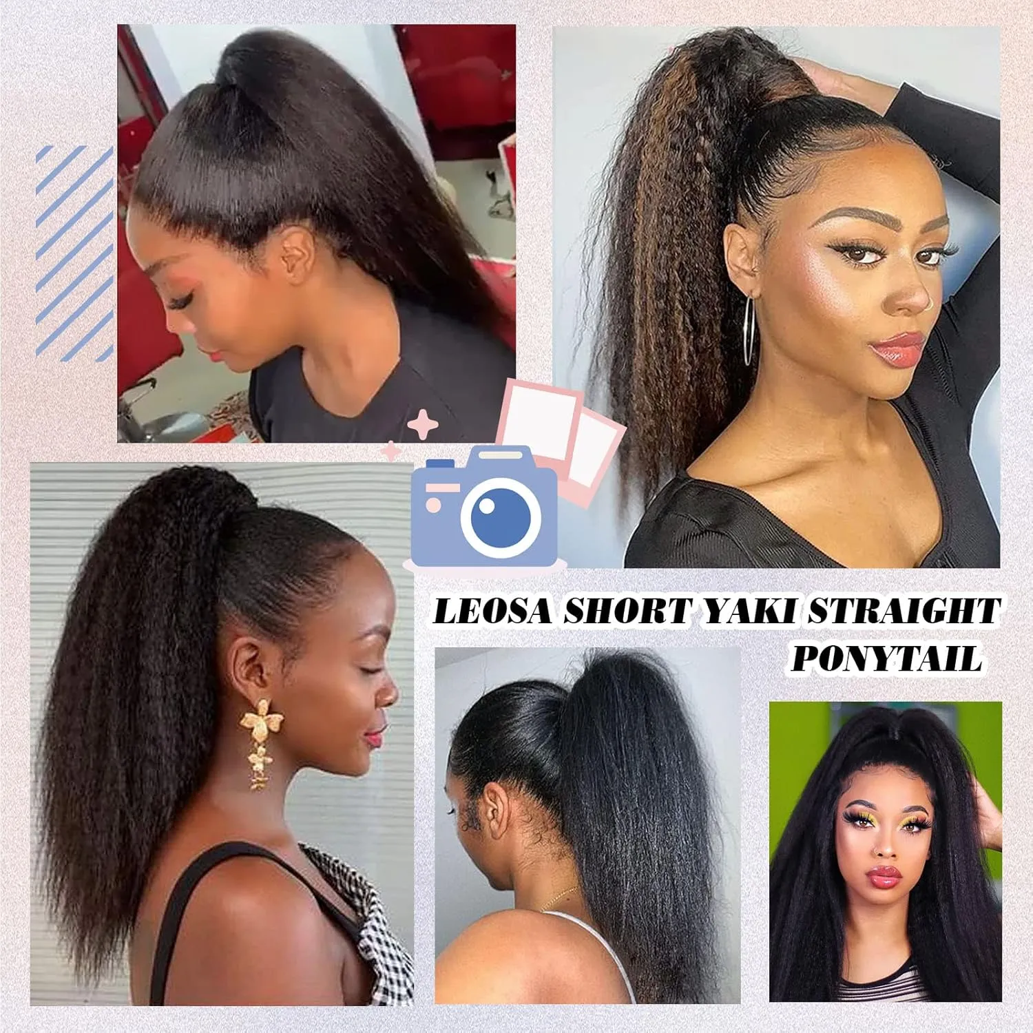 LEOSA Kinky Ponytail Extension Drawstring Ponytail for Black Women Short Natural Black Yaki Straight Drawstring Ponytail Hair Extensions (14 Inch, 2#)