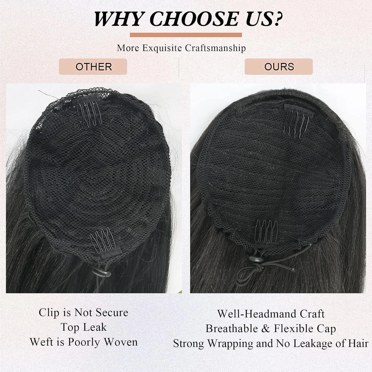 LEOSA Kinky Ponytail Extension Drawstring Ponytail for Black Women Short Natural Black Yaki Straight Drawstring Ponytail Hair Extensions (14 Inch, 2#)
