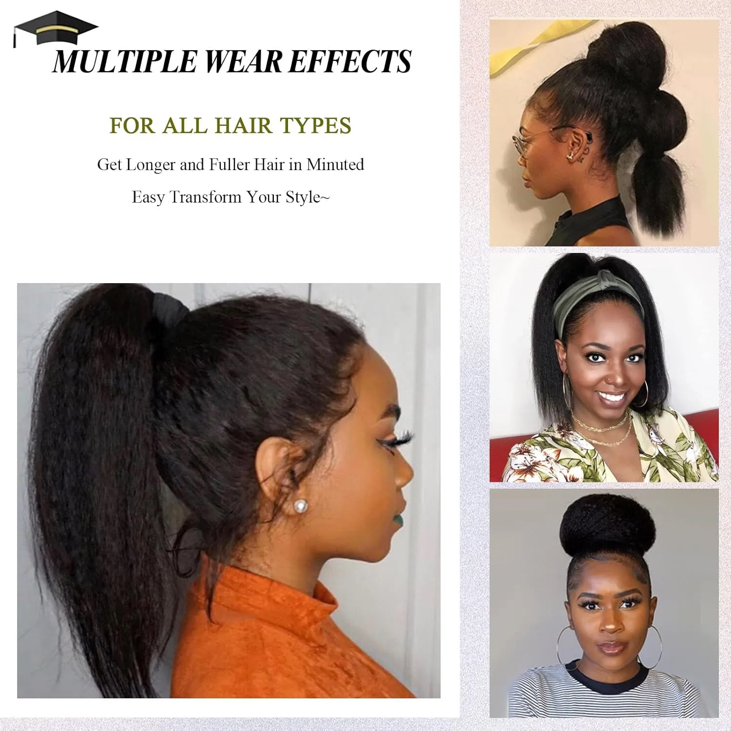LEOSA Kinky Ponytail Extension Drawstring Ponytail for Black Women Short Natural Black Yaki Straight Drawstring Ponytail Hair Extensions (14 Inch, 2#)
