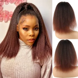 LEOSA Kinky Straight Ponytail Extension 14 inch Drawstring Ponytails for Black Women Short Ombre Burgundy Yaki Drawstring Ponytail Hair Extensions Clip on Natural Hair Ponytail (14 Inch, 1B-33#)