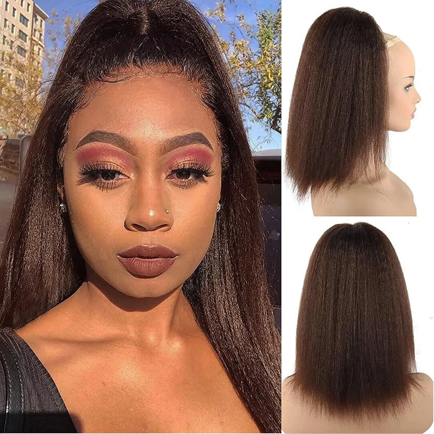 LEOSA Ponytail Extension 14 inch Yaki Straight Drawstring Ponytails for Black Women Short Natural Brown Kinky Straight Drawstring Ponytail Hair Extensions Fluffy Thick Synthetic Clip on Ponytails