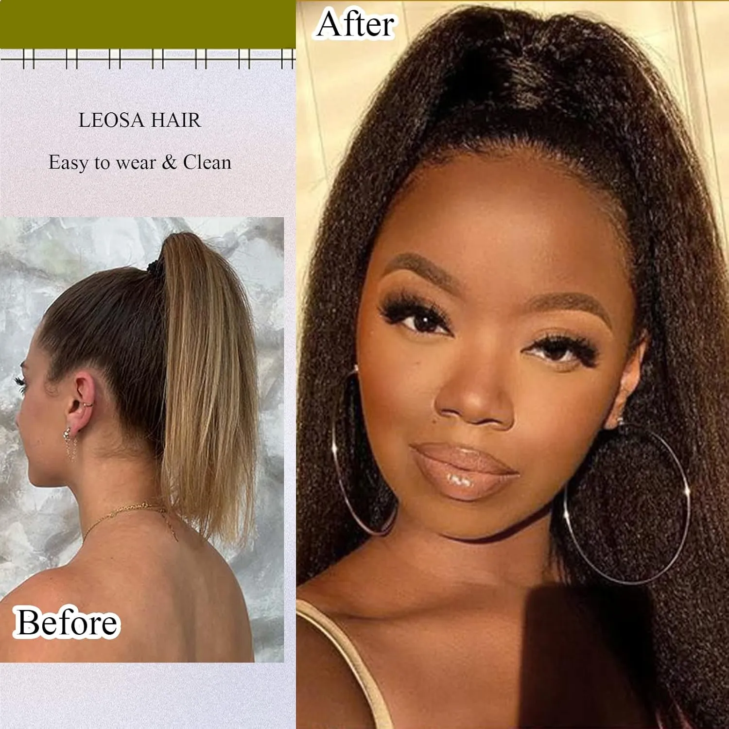 LEOSA Ponytail Extension 14 inch Yaki Straight Drawstring Ponytails for Black Women Short Natural Brown Kinky Straight Drawstring Ponytail Hair Extensions Fluffy Thick Synthetic Clip on Ponytails