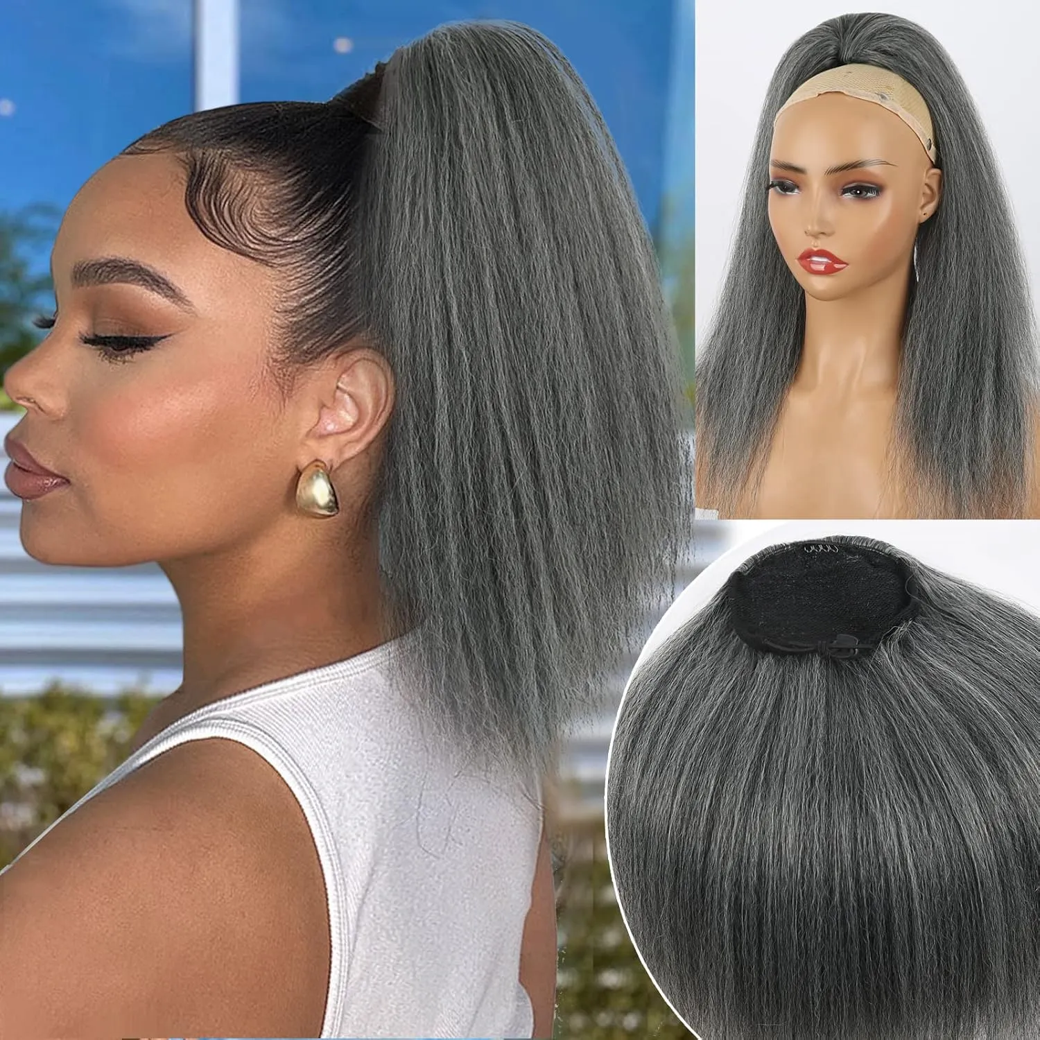 LEOSA Salt and Pepper Drawstring Ponytail for Black Women Gray Ponytail Extension Short Kinky Straight Ponytail Drawstring Yaki Clip on Ponytails for Women Ombre Grey Pony tails Hair Extensions
