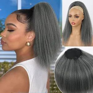 LEOSA Salt and Pepper Drawstring Ponytail for Black Women Gray Ponytail Extension Short Kinky Straight Ponytail Drawstring Yaki Clip on Ponytails for Women Ombre Grey Pony tails Hair Extensions