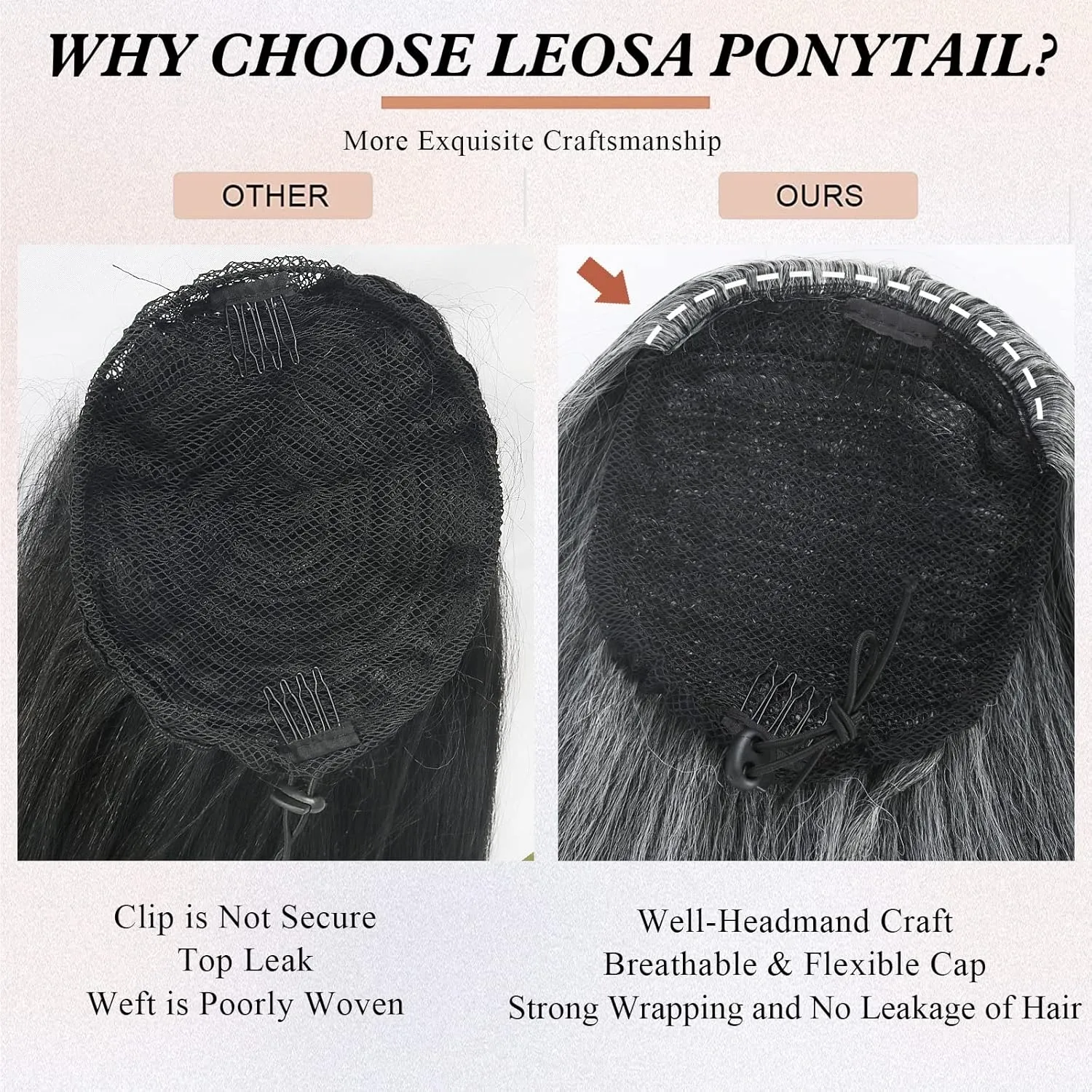 LEOSA Salt and Pepper Drawstring Ponytail for Black Women Gray Ponytail Extension Short Kinky Straight Ponytail Drawstring Yaki Clip on Ponytails for Women Ombre Grey Pony tails Hair Extensions
