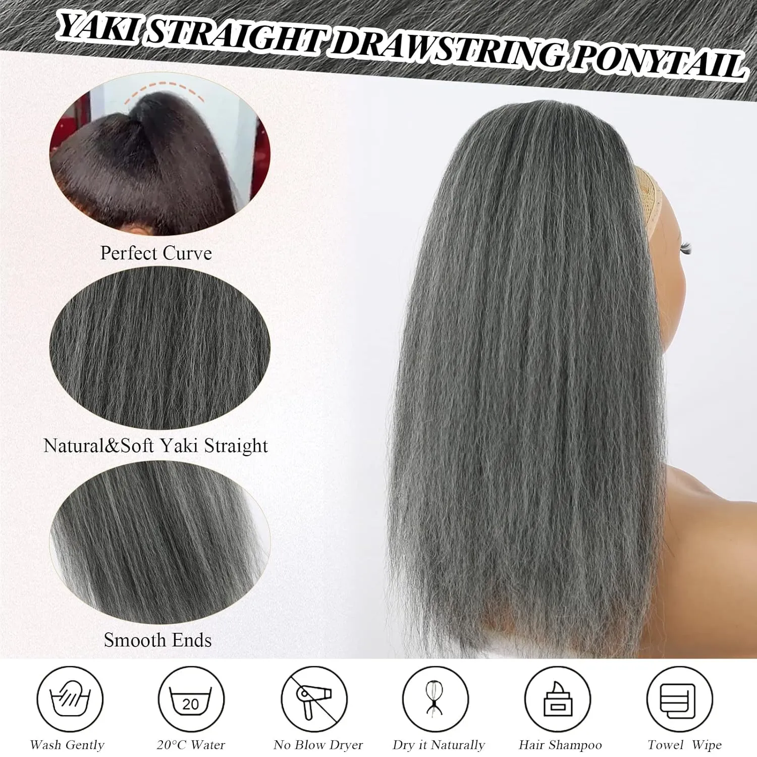 LEOSA Salt and Pepper Drawstring Ponytail for Black Women Gray Ponytail Extension Short Kinky Straight Ponytail Drawstring Yaki Clip on Ponytails for Women Ombre Grey Pony tails Hair Extensions