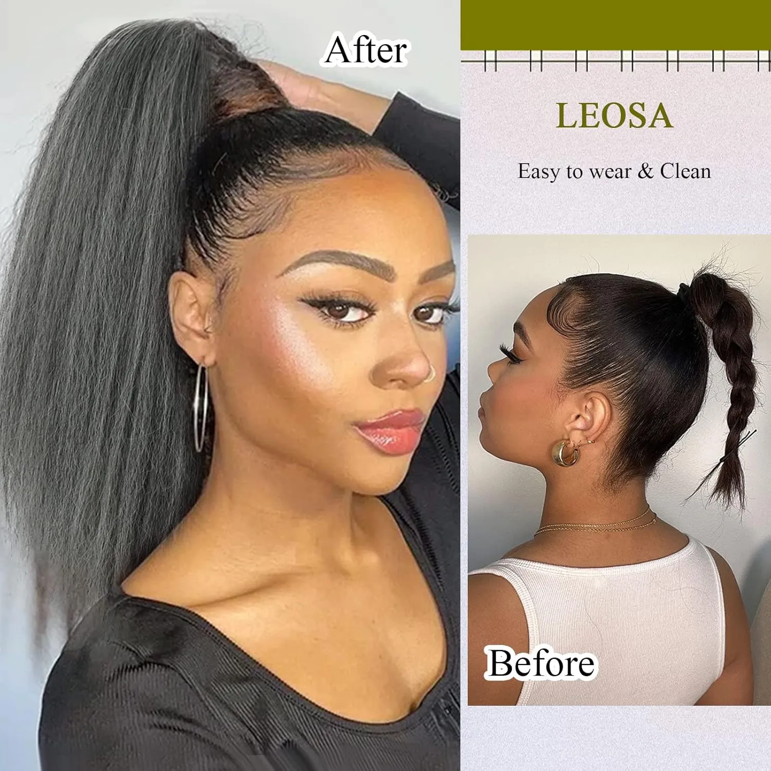 LEOSA Salt and Pepper Drawstring Ponytail for Black Women Gray Ponytail Extension Short Kinky Straight Ponytail Drawstring Yaki Clip on Ponytails for Women Ombre Grey Pony tails Hair Extensions