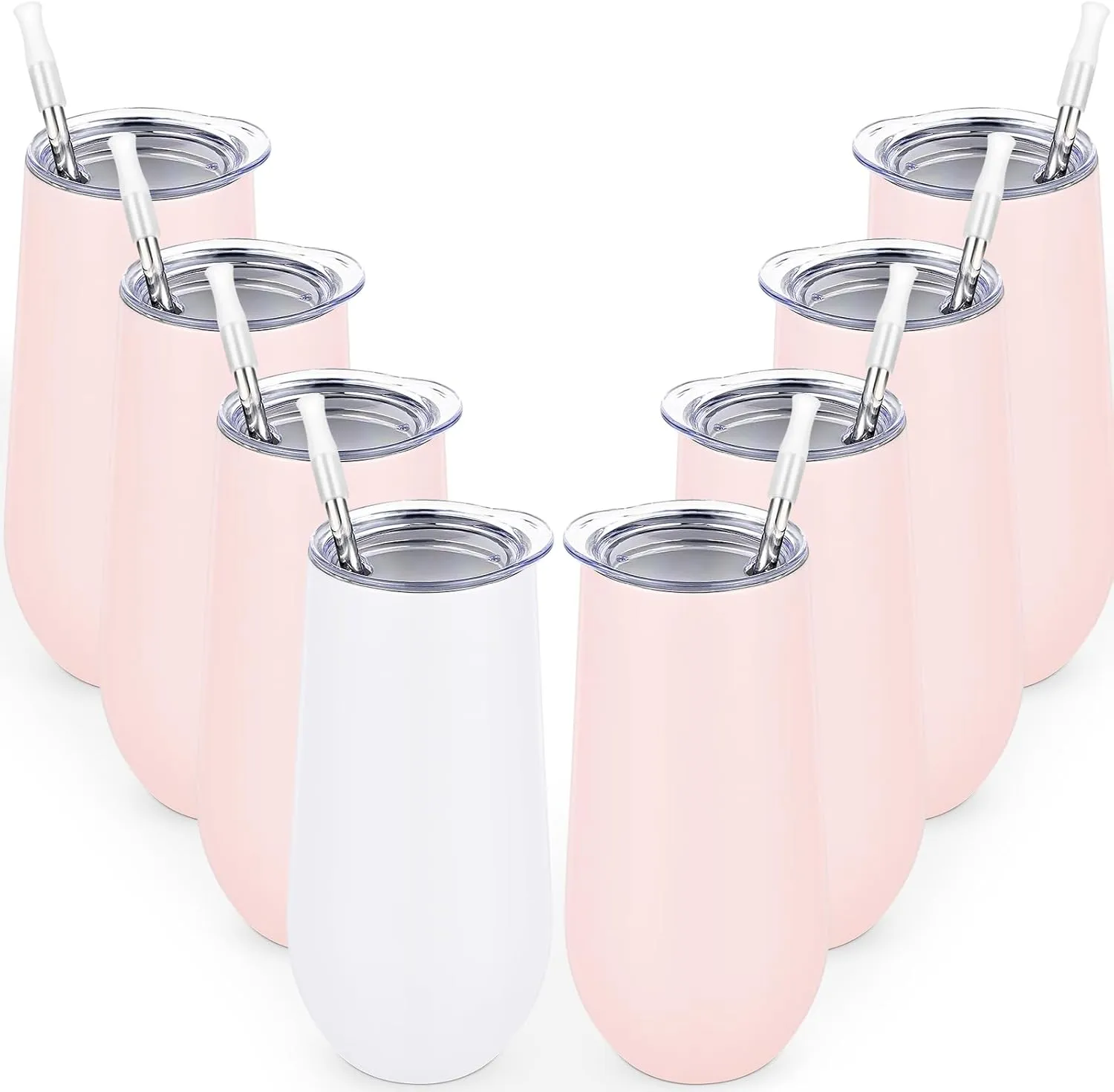 Lifecapido 8 Pack Insulated Champagne Tumblers, Stainless Steel Champagne Flute Tumblers, 12oz Stemless Champagne Flutes, Insulated Champagne Glass for Wedding Party Bride Shower Gifts, 7 Pink 1 White
