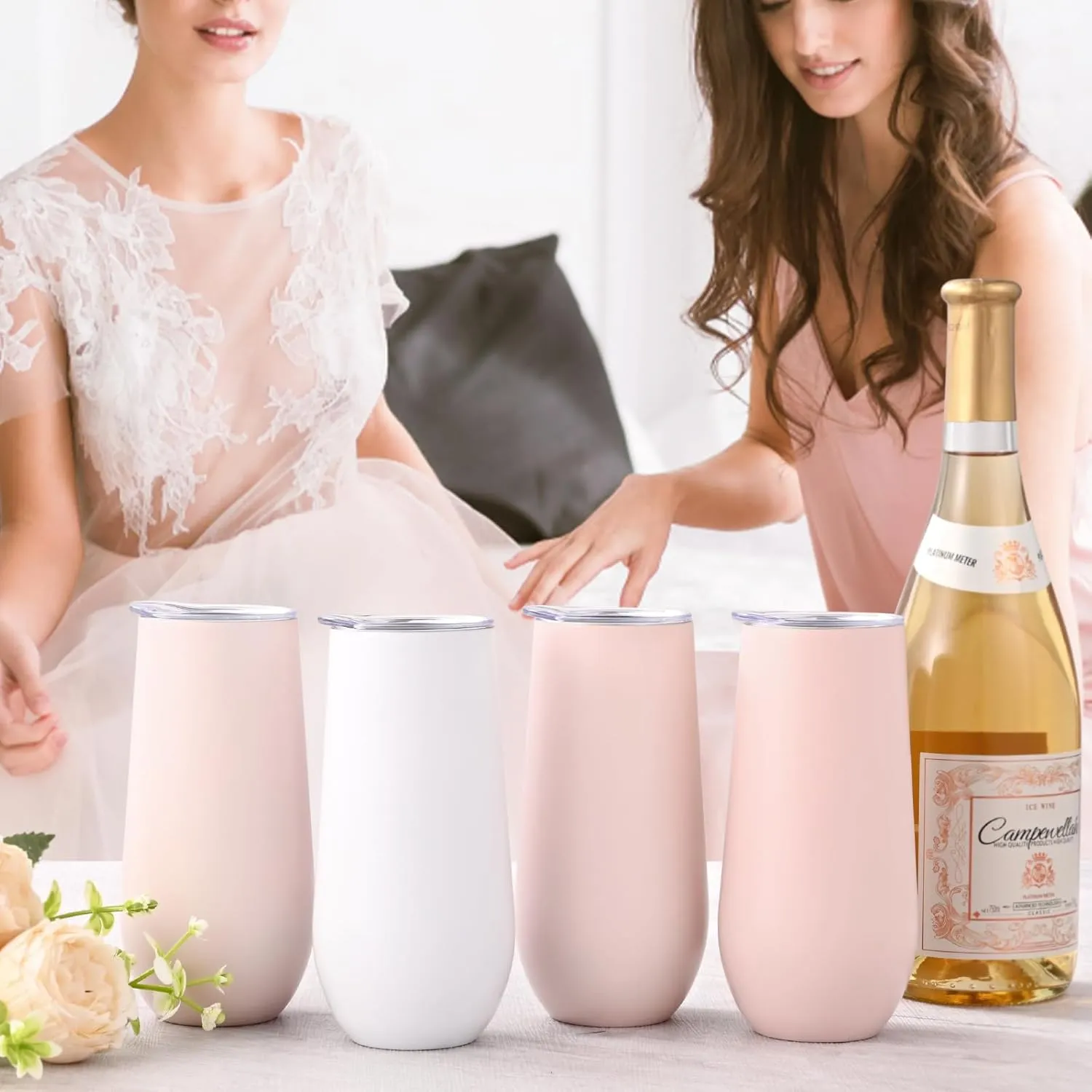 Lifecapido 8 Pack Insulated Champagne Tumblers, Stainless Steel Champagne Flute Tumblers, 12oz Stemless Champagne Flutes, Insulated Champagne Glass for Wedding Party Bride Shower Gifts, 7 Pink 1 White