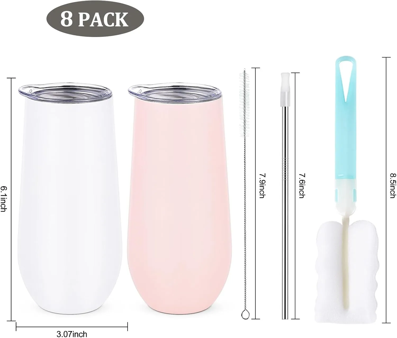 Lifecapido 8 Pack Insulated Champagne Tumblers, Stainless Steel Champagne Flute Tumblers, 12oz Stemless Champagne Flutes, Insulated Champagne Glass for Wedding Party Bride Shower Gifts, 7 Pink 1 White