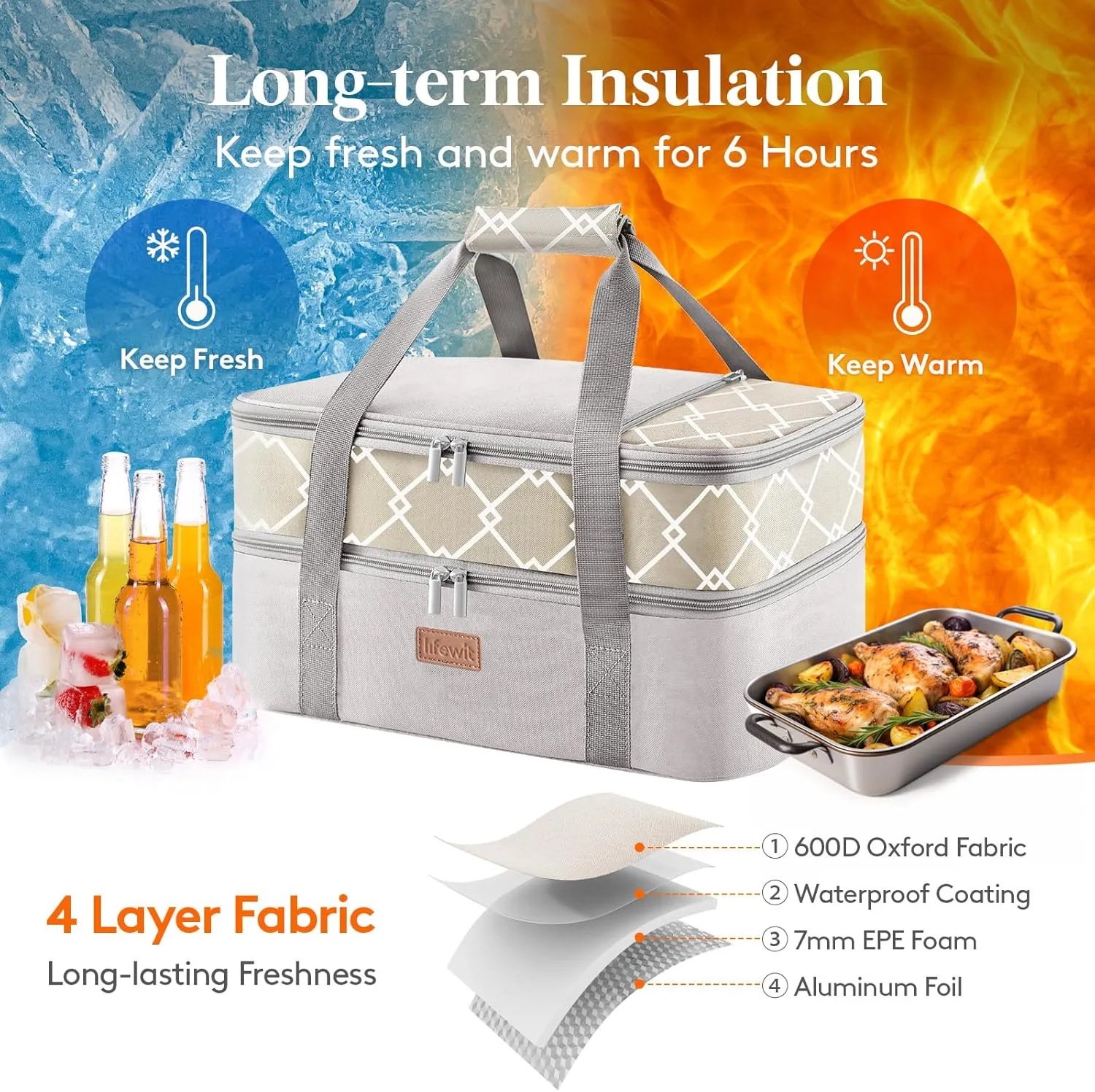 Lifewit Double Decker Insulated Casserole Carrier for Hot or Cold Food, Casserole Dish Bag Carrying Case, Lasagna Lugger Holder for Potluck/Parties/Picnic/Cookouts, Fits 9"x13" Baking Dish, Grey