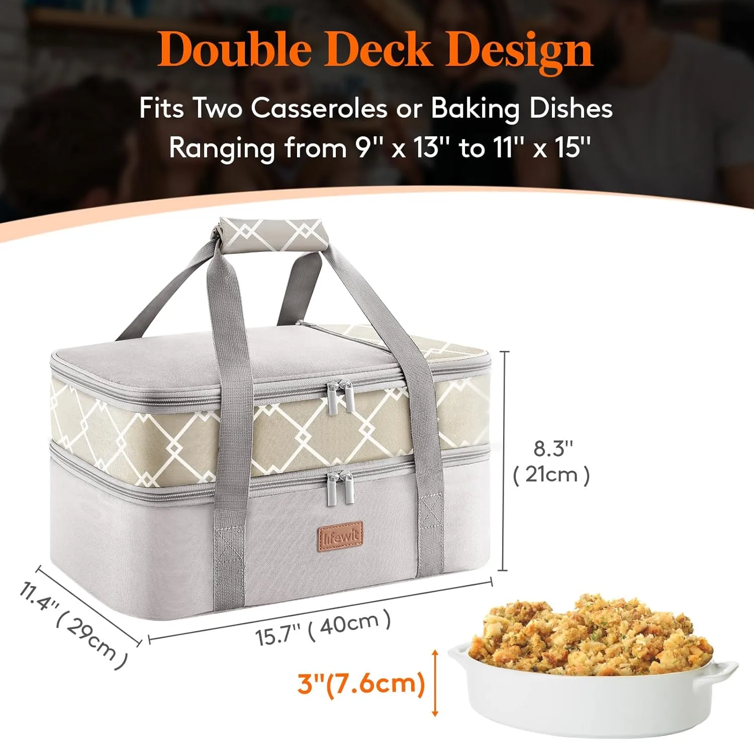 Lifewit Double Decker Insulated Casserole Carrier for Hot or Cold Food, Casserole Dish Bag Carrying Case, Lasagna Lugger Holder for Potluck/Parties/Picnic/Cookouts, Fits 9"x13" Baking Dish, Grey