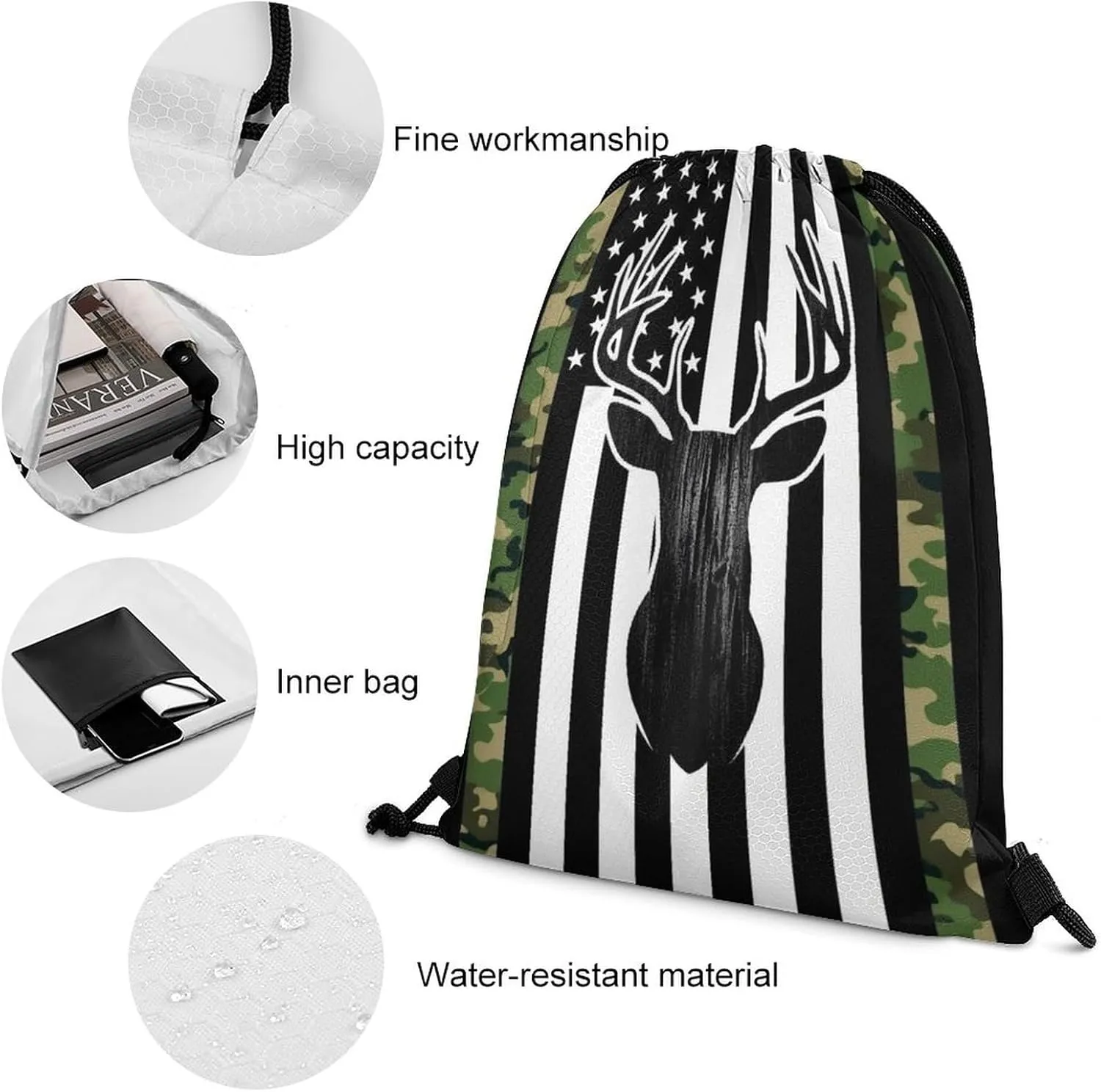 Lightweight Camouflage American Flag Hunting Deer Camo Black Drawstring Bag, Durable Women and men Waterproof Large Capacity Backpack Shopping Storage Pouch with Sturdy Strap