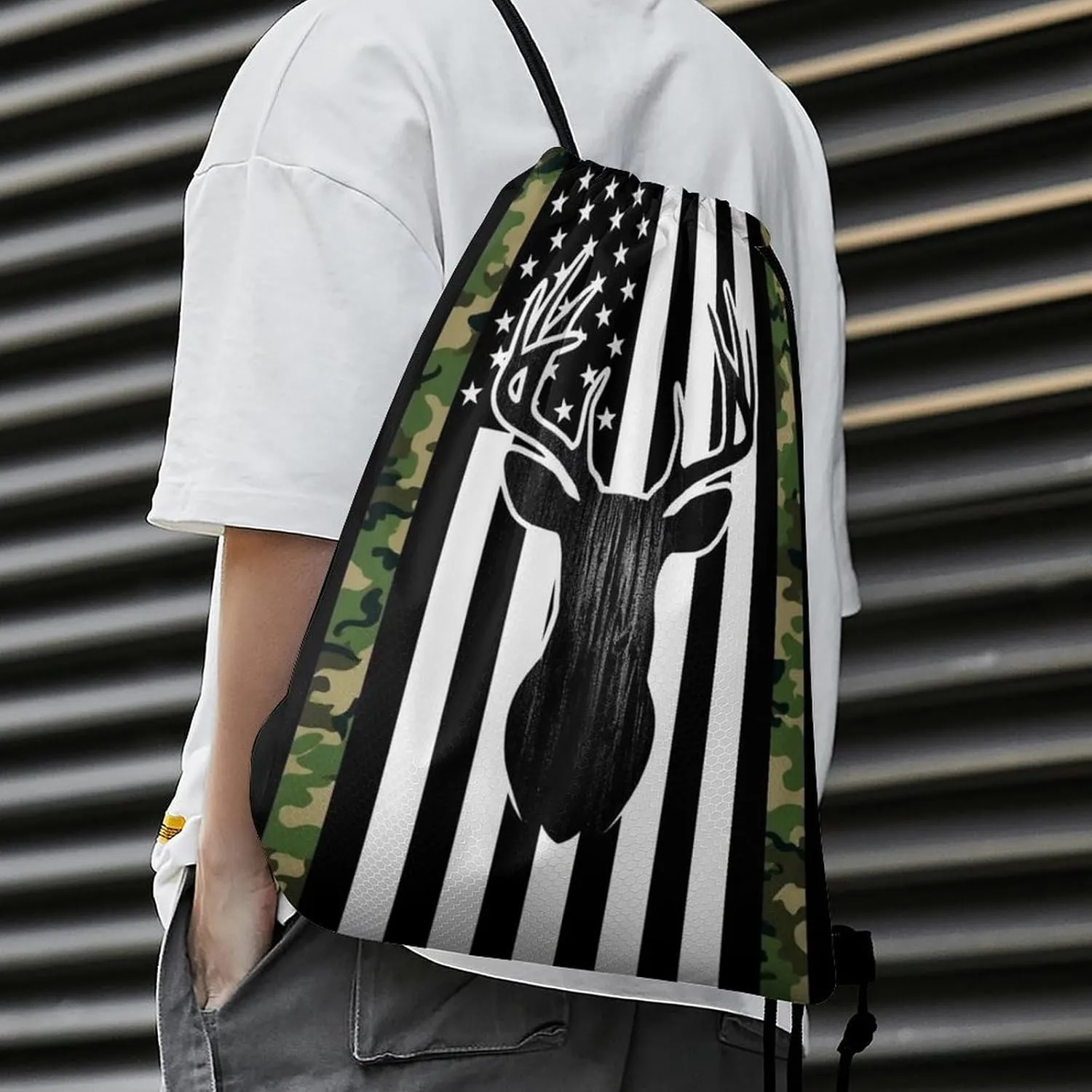Lightweight Camouflage American Flag Hunting Deer Camo Black Drawstring Bag, Durable Women and men Waterproof Large Capacity Backpack Shopping Storage Pouch with Sturdy Strap